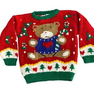 Vintage‎ Badge Bear Handmade Knitted Novelty Christmas Tree Kids Sweater Sz 5